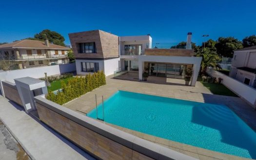 Newly built villa with modern design and materials and luxury finishes.